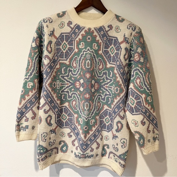 Vintage Jeric Knitwear Crew Neck Paisley Geometric Pattern Sweater - Picture 1 of 9